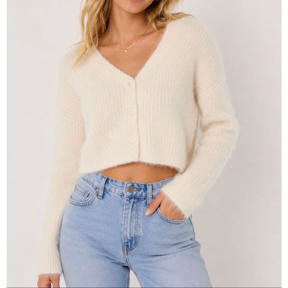 Aeropostale Fuzzy Cropped Cardigan XS Cream Soft Girl Cozy Sweater